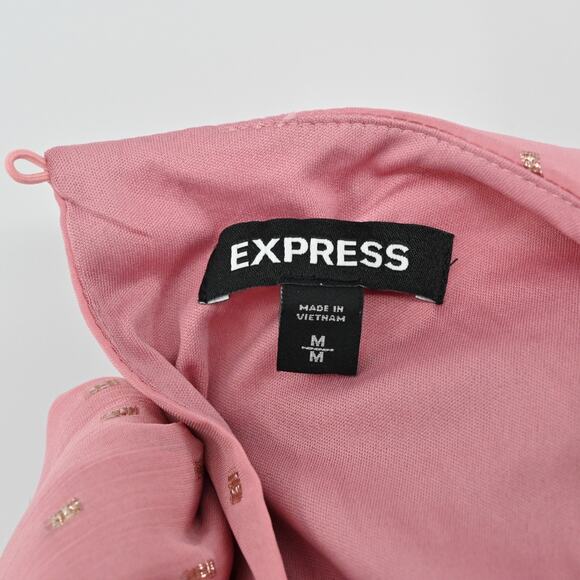 EXPRESS Dress Sz M Pink Gold Metallic Clip Dot Puff Sleeve Coquette Ballet Retro - Picture 8 of 12